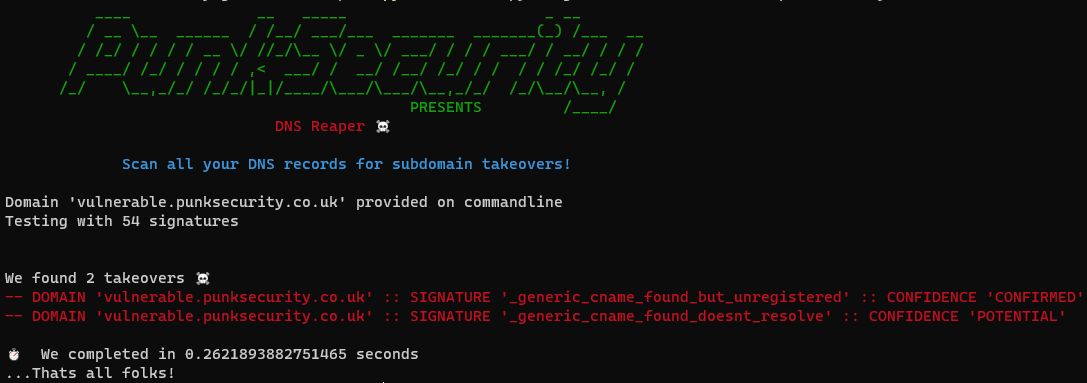 DNS Reaper detects a if domain has a broken cname record and can be taken over by registering the domain's cname