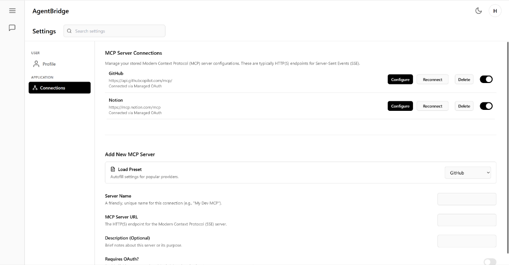Settings & Connections