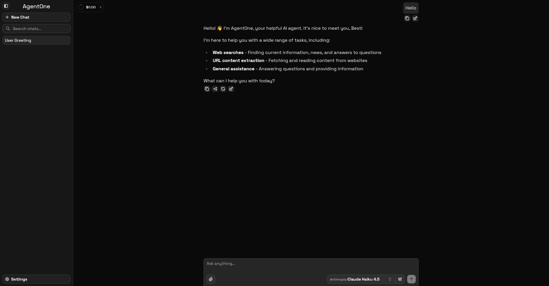 Screenshot of AgentOne chat UI