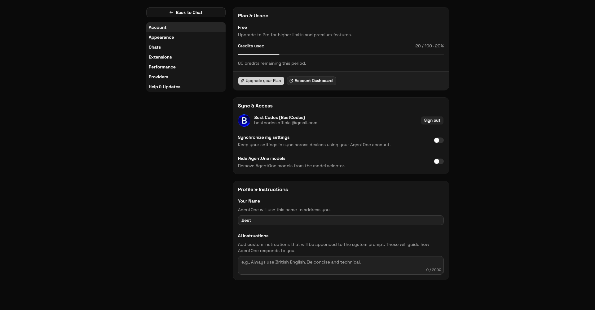 Screenshot of AgentOne settings page on account tab