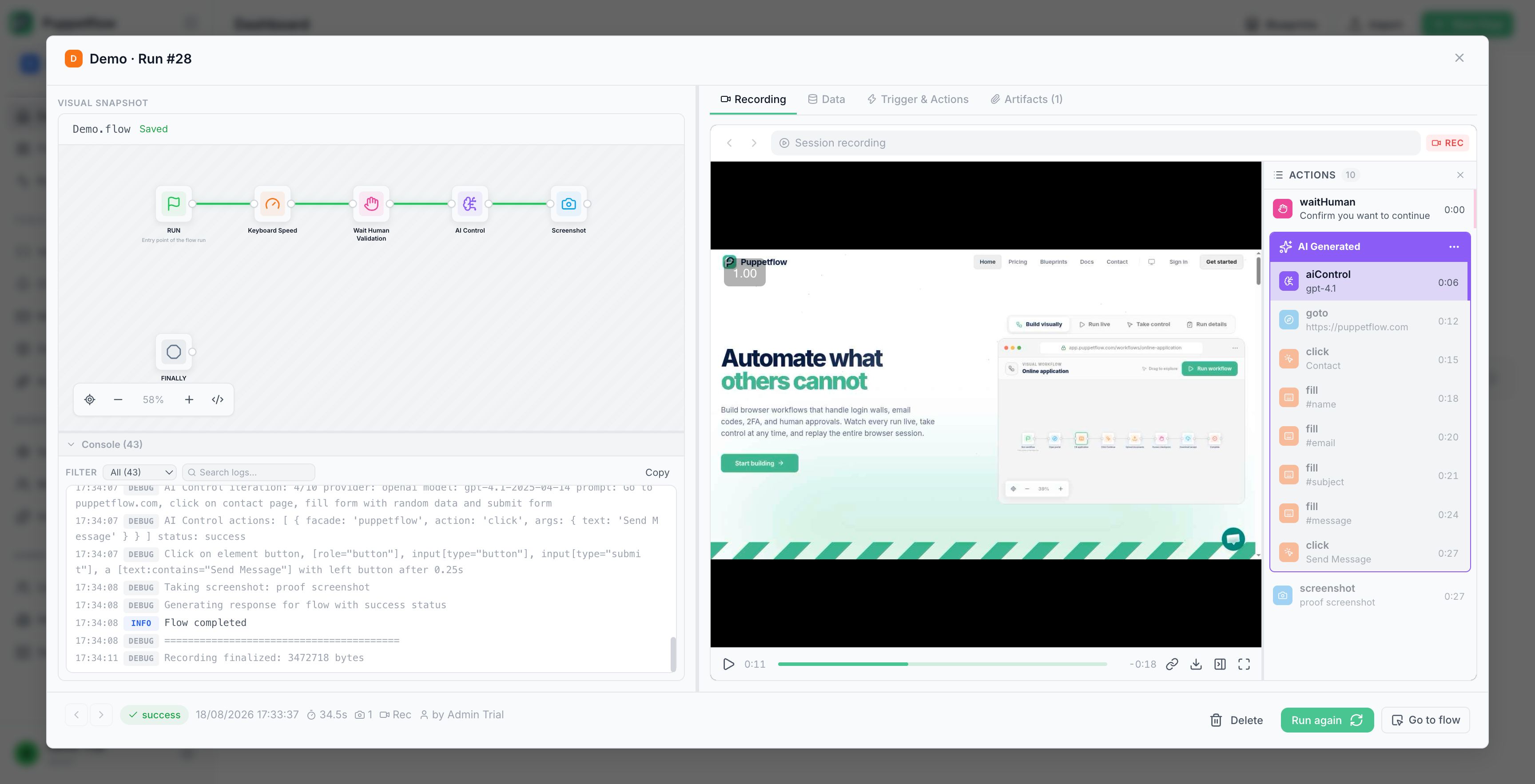 Puppetflow run details with browser recording, logs, and action timeline