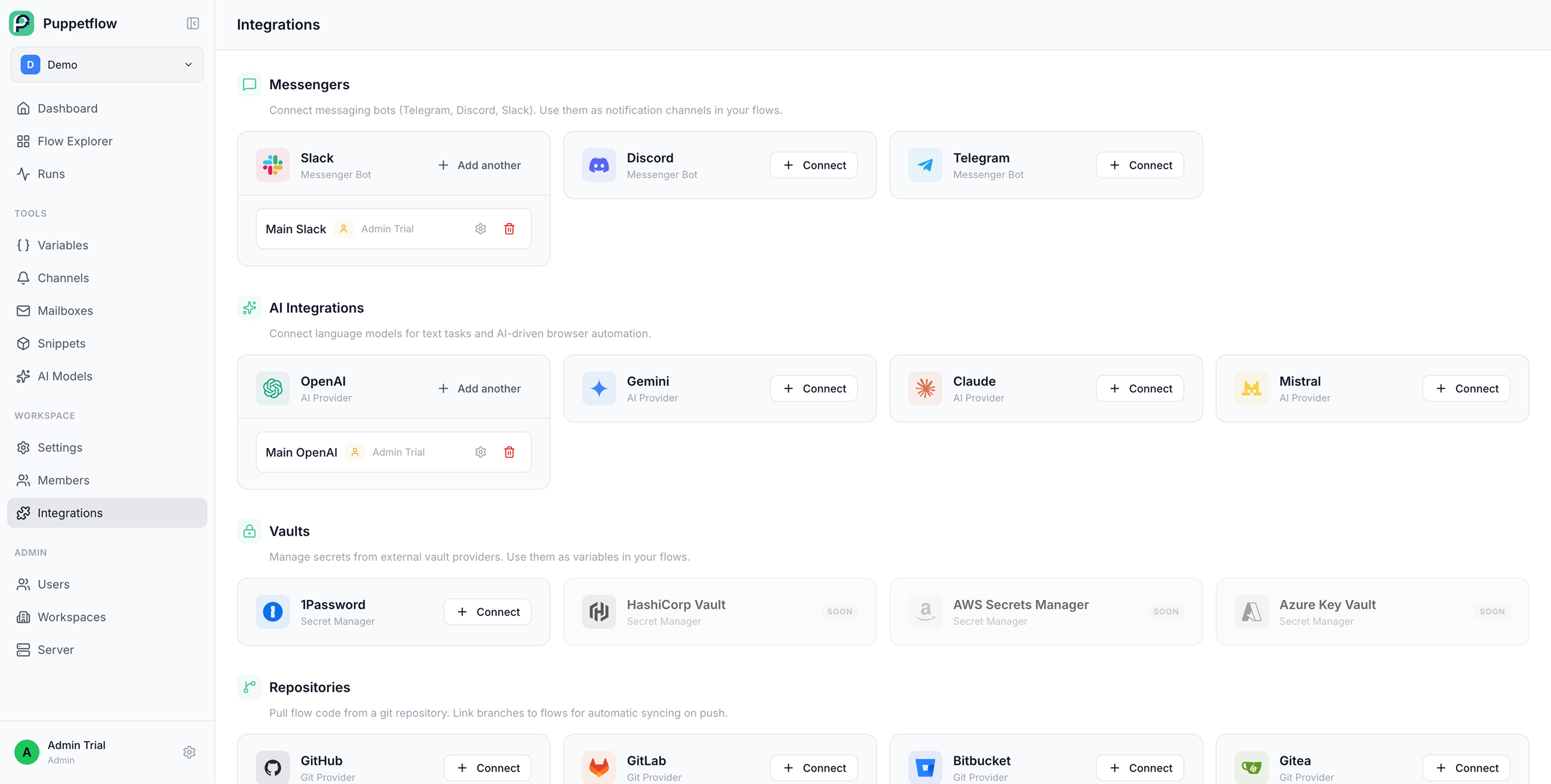 Puppetflow integrations with messaging, AI, vault, and Git providers