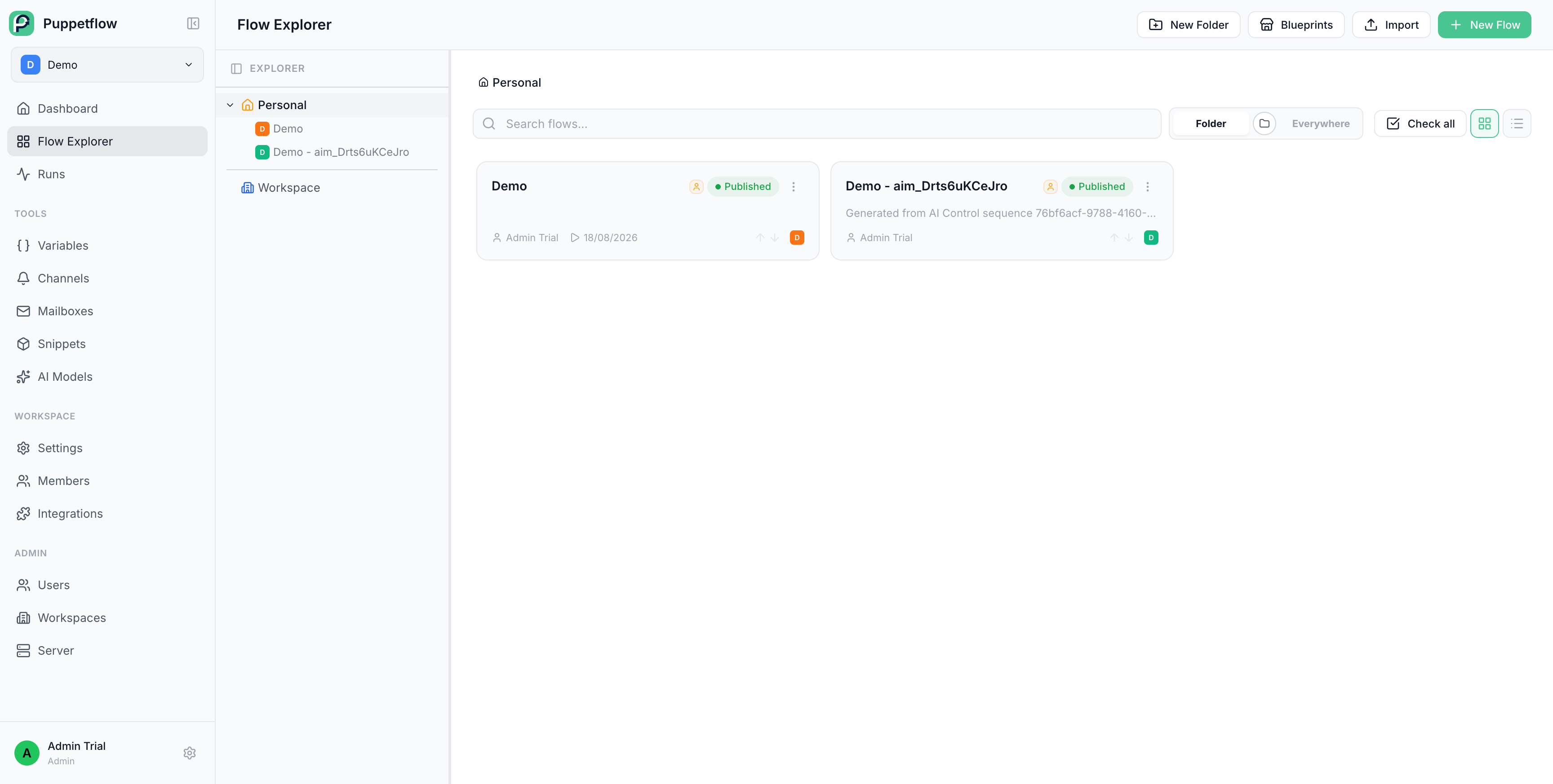 Puppetflow flow explorer showing folders and published browser automation flows