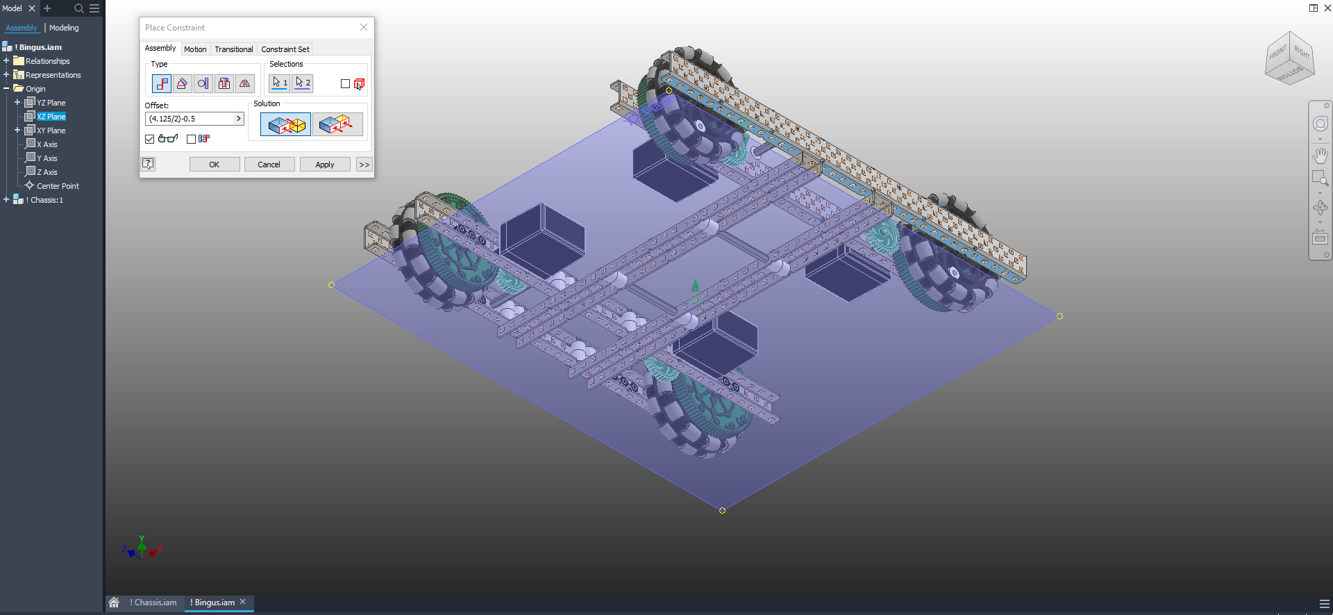 Mate Constraint between XZ Plane and C-Channel (Bottom View)