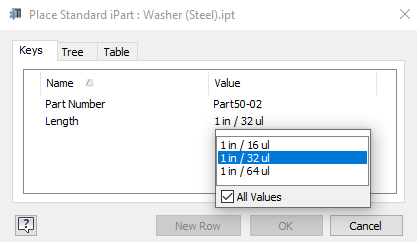 Washer iPart Length Selection Window