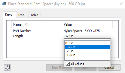 Spacer iPart Length Selection Window
