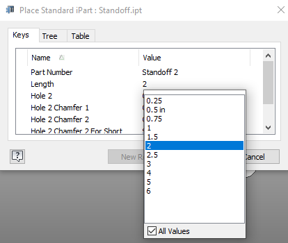 Standoff iPart length Selection Window