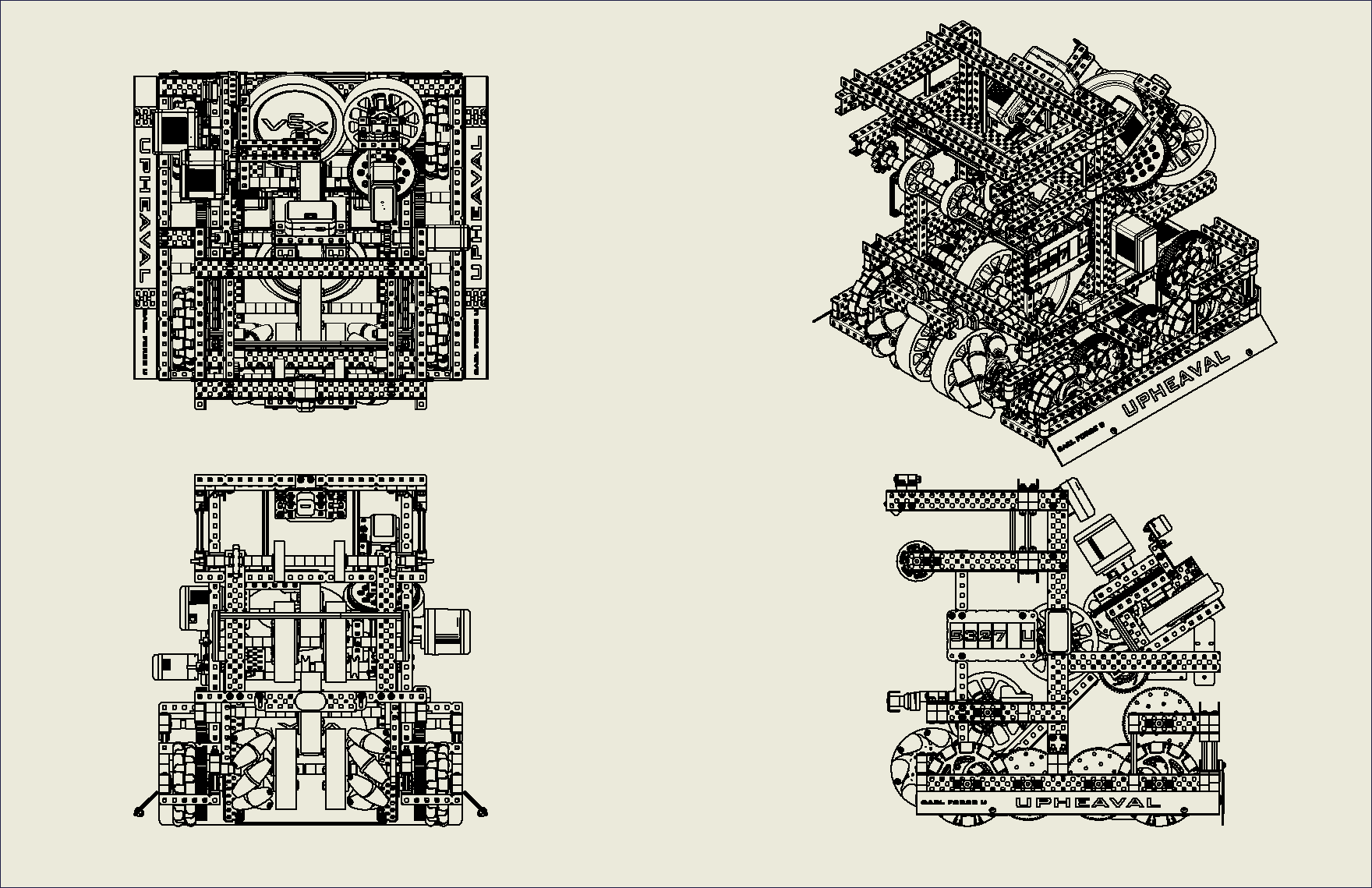 A multi-view drawing generated from a full robot assembly.