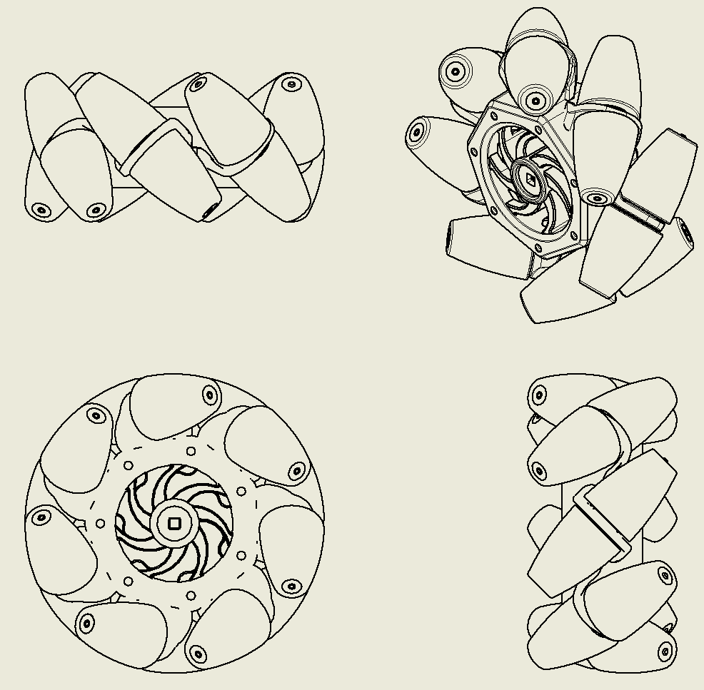The completed multi-view sketch of the mecanum wheel.
