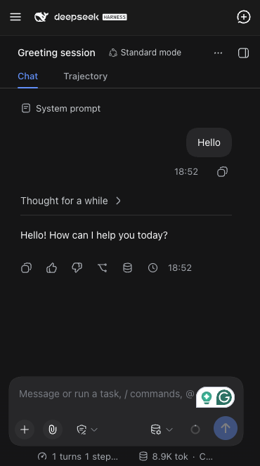 DSH mobile top bar: hamburger menu, brand mark, and new-session button replacing the sidebar