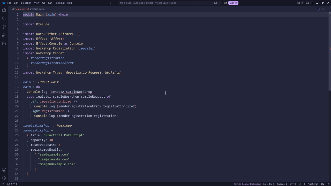 Automatically importing a completed PureScript name