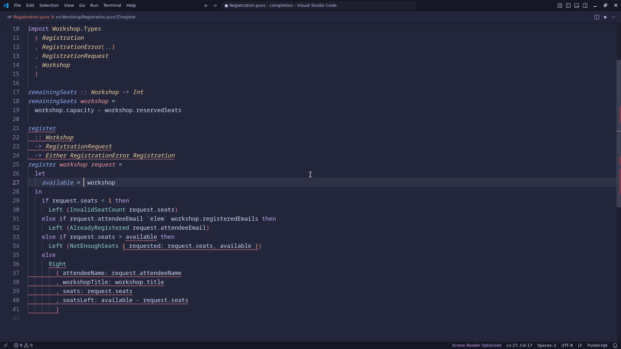 Completing a PureScript expression