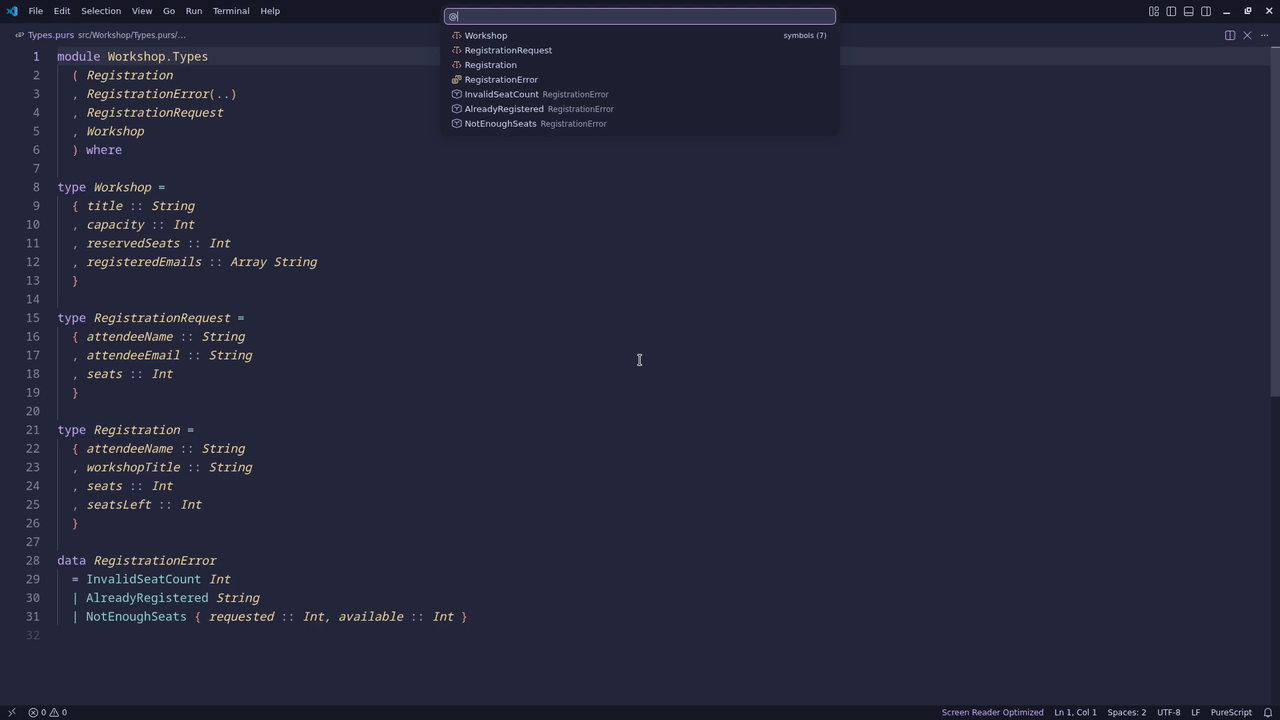 Searching symbols in a PureScript document