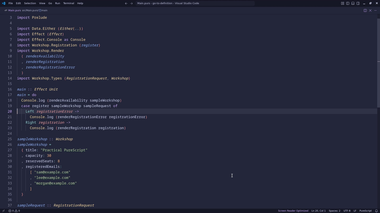 Navigating to a PureScript definition