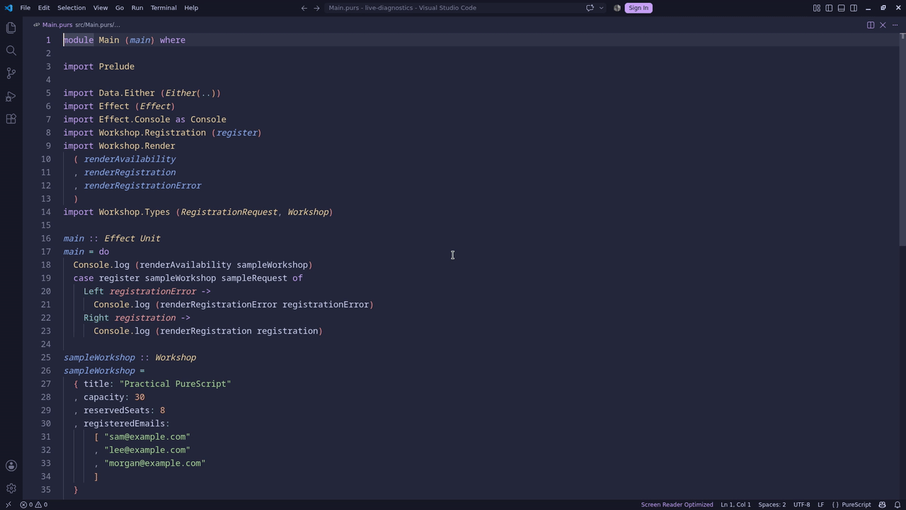 Updating diagnostics while editing PureScript