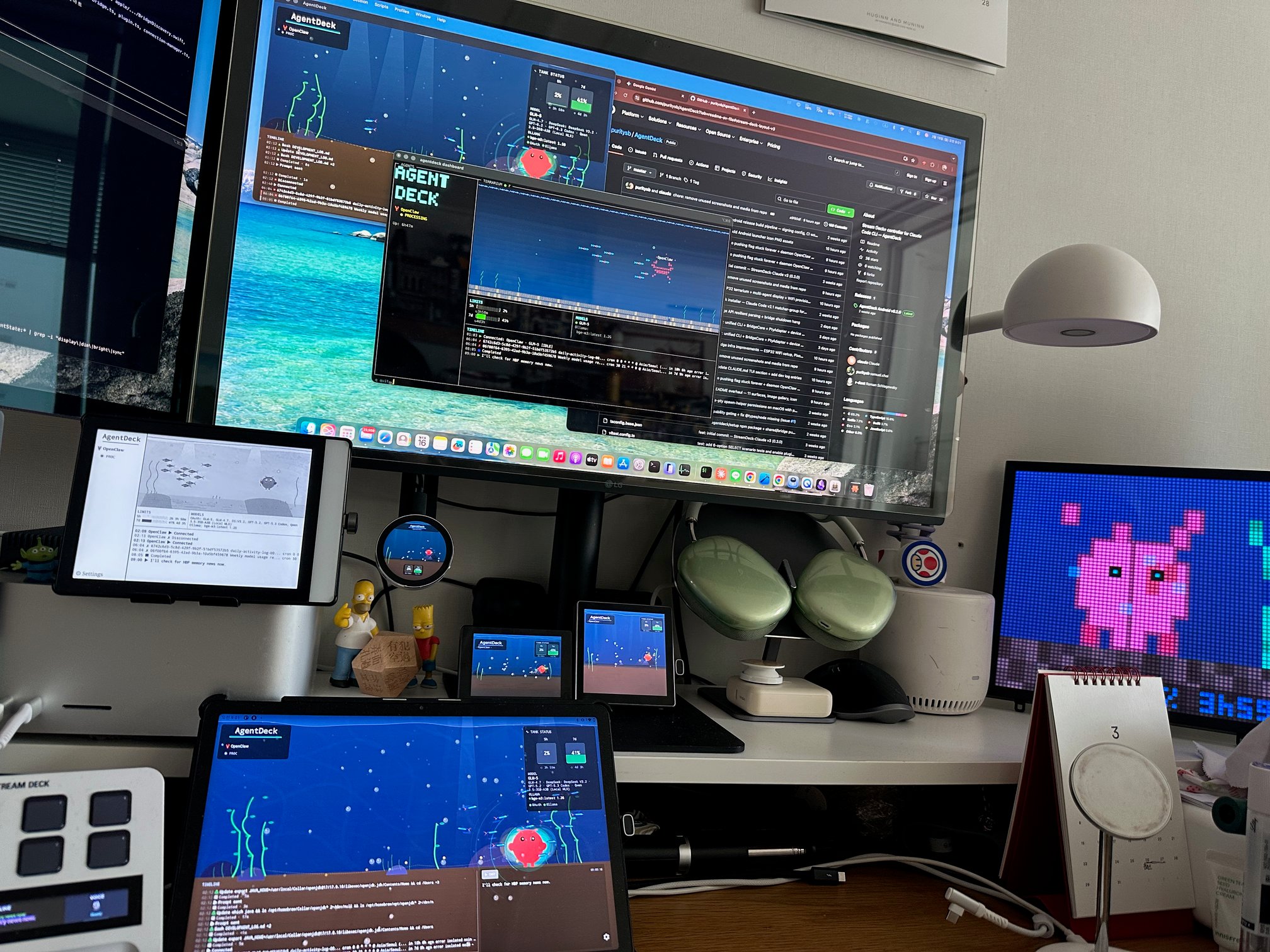 AgentDeck — TUI dashboard, Pixoo64, Stream Deck+, and all surfaces running simultaneously