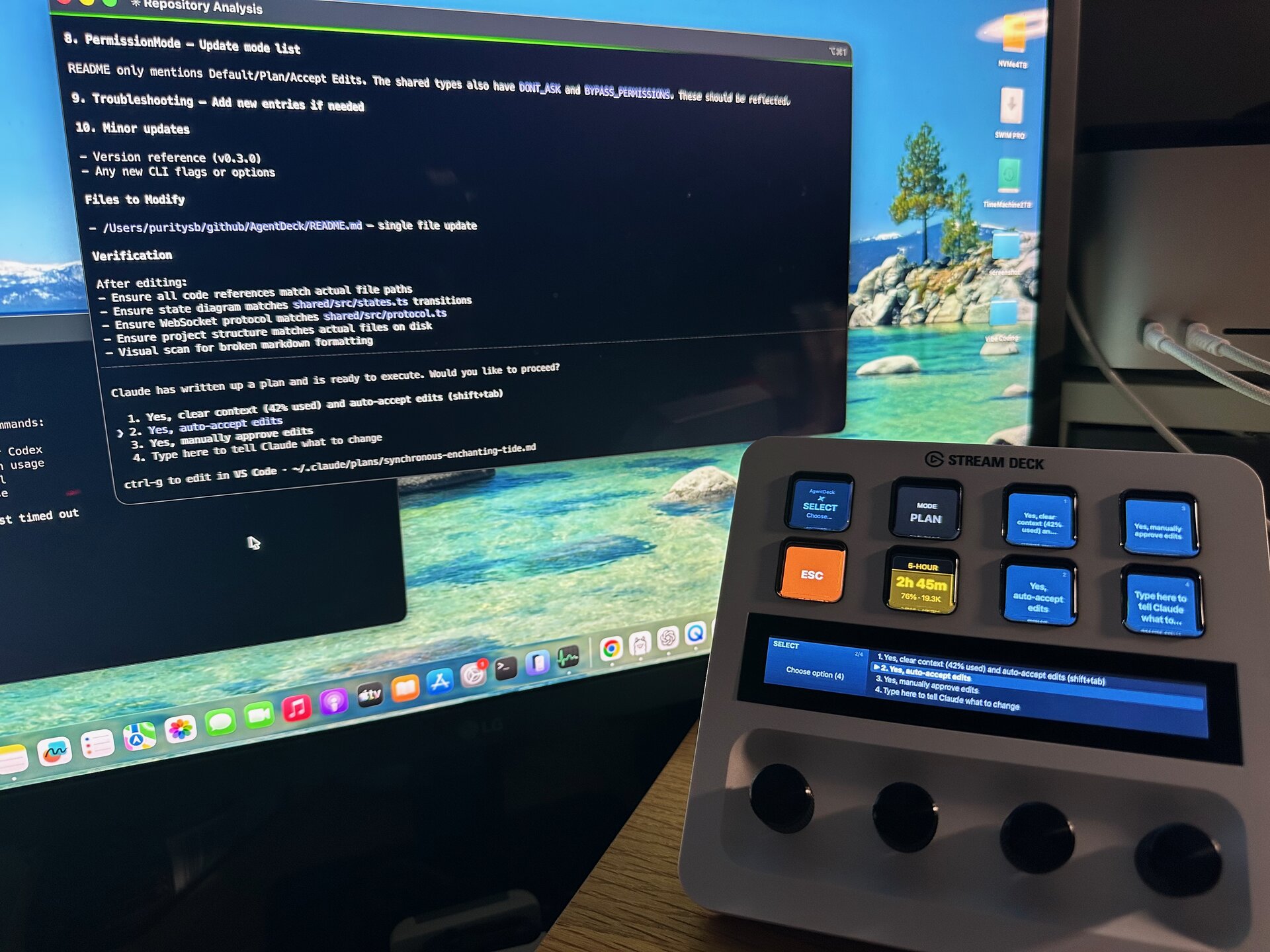 Encoder takeover — plan approval with numbered options on wide-canvas LCD and terminal output