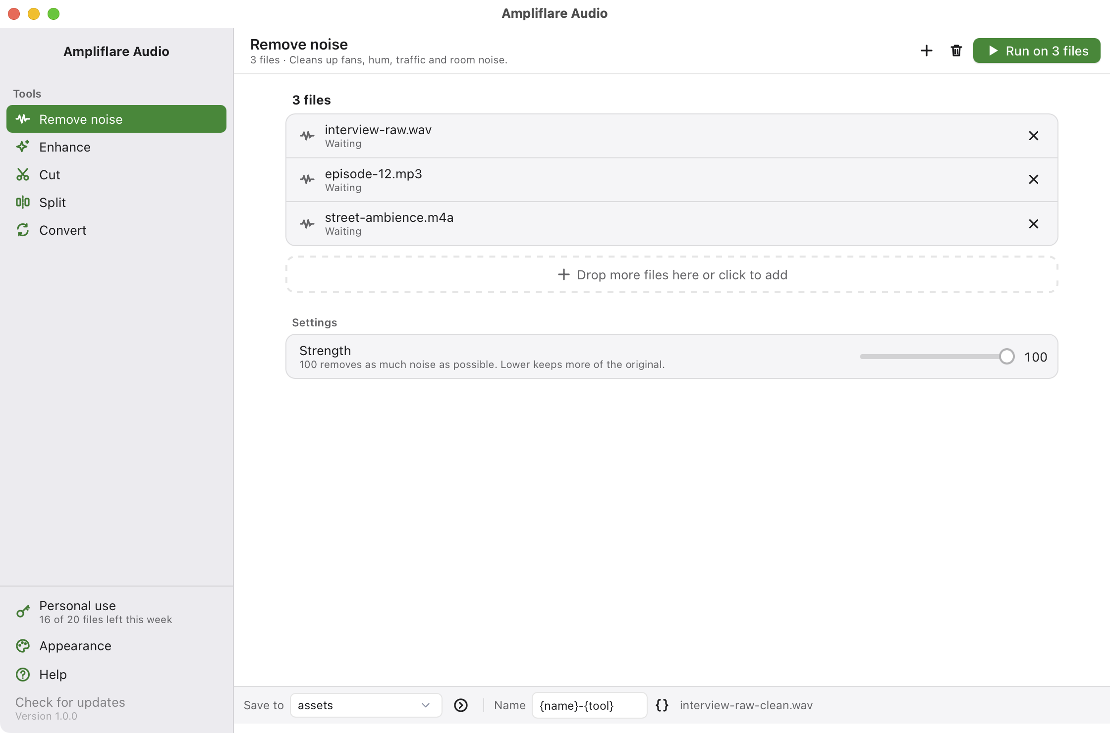 Ampliflare Audio removing noise from three recordings