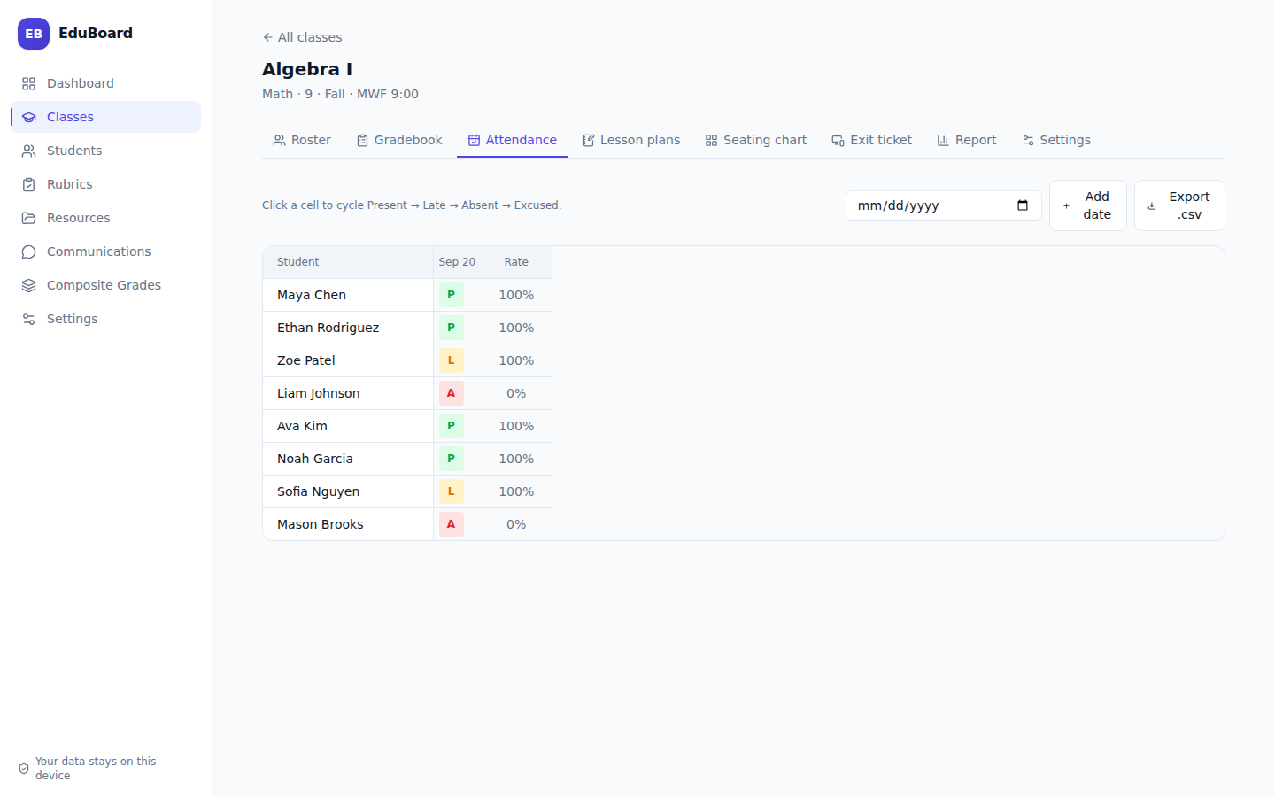 EduBoard attendance view