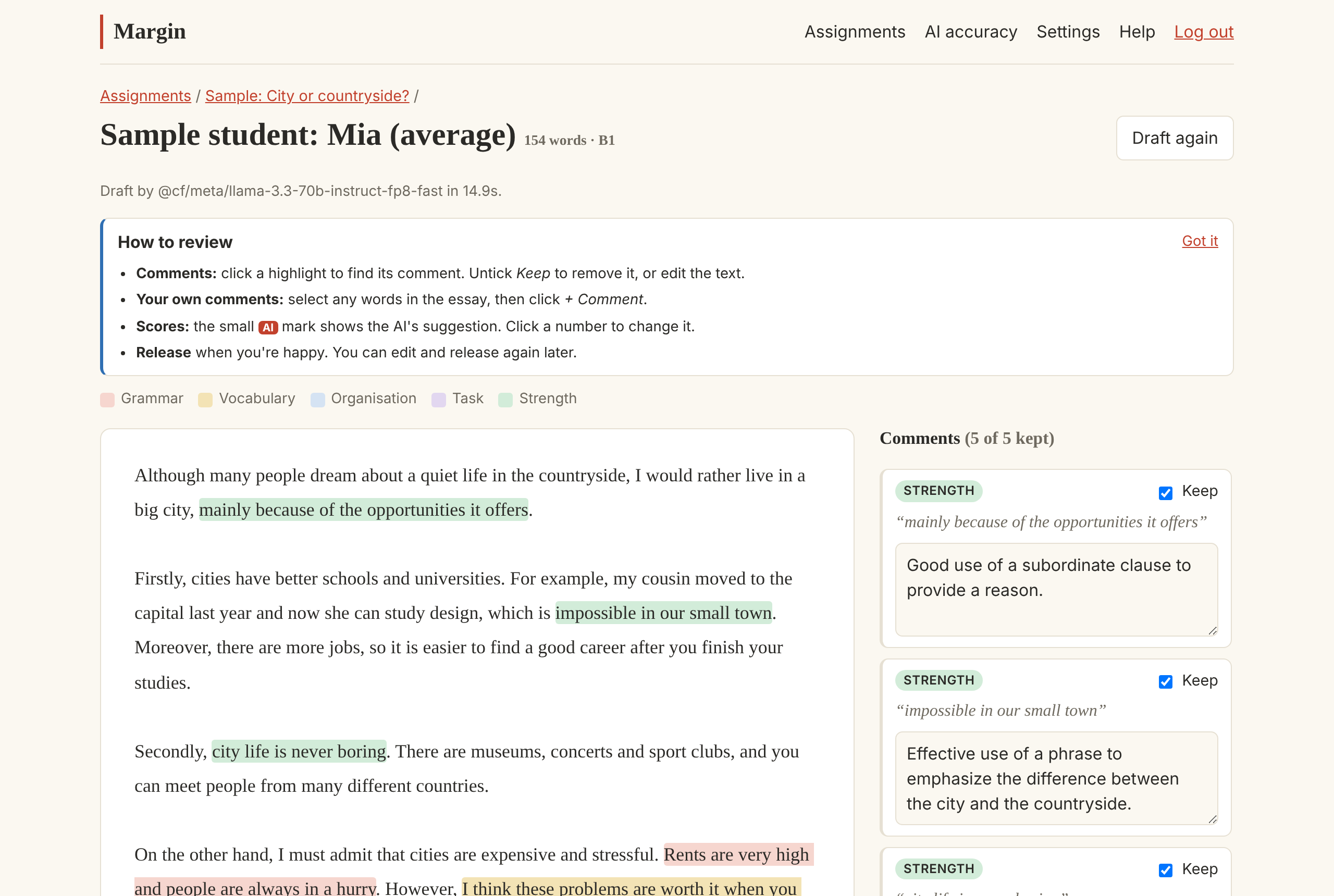 Margin review screen: essay with colour-coded comments and AI suggestions
