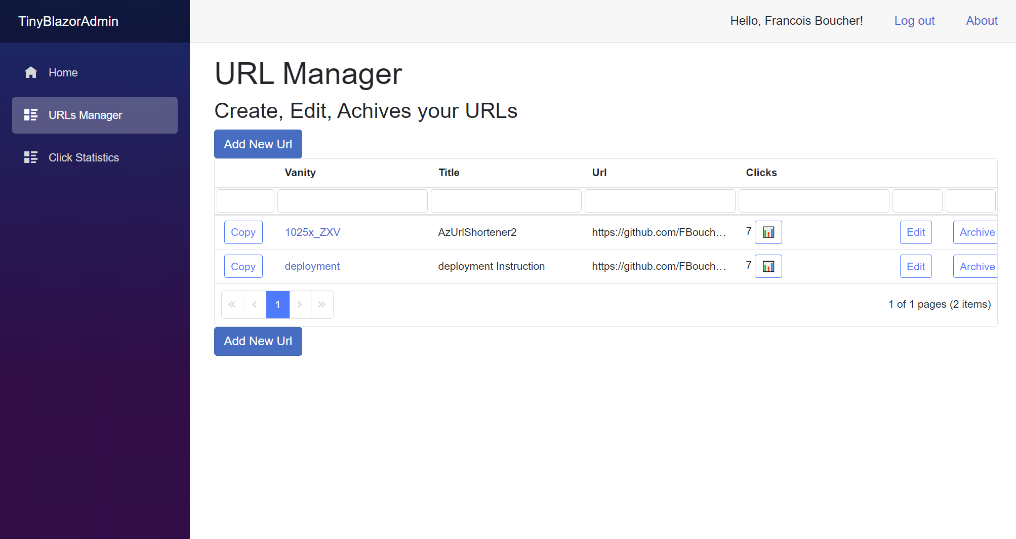 Tiny Blazor Admin URLs manager page