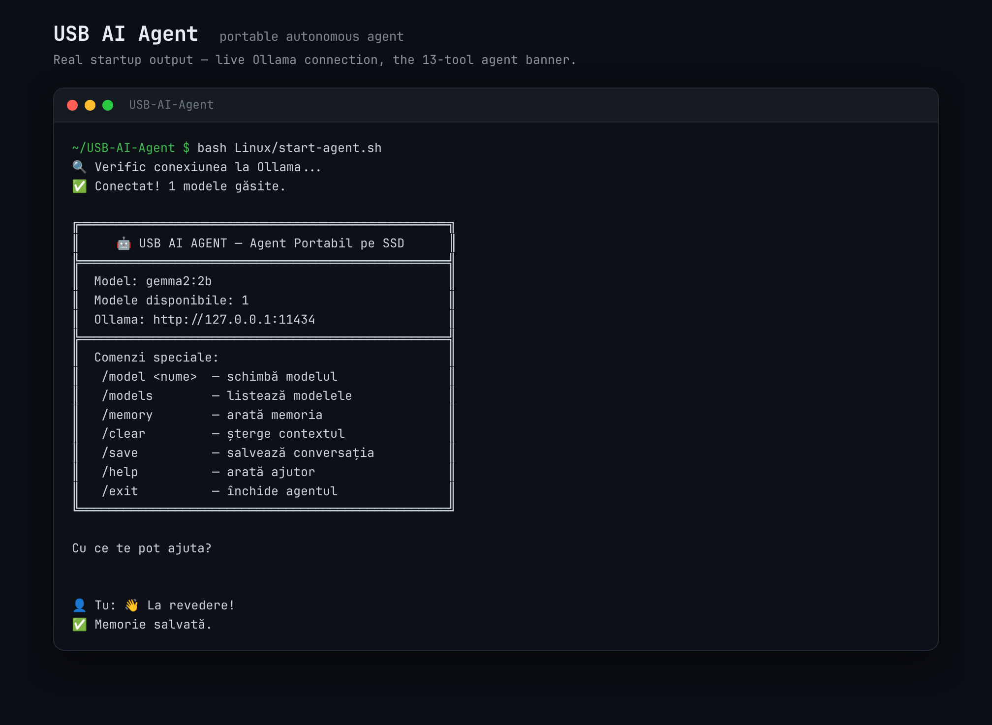 USB AI Agent — startup banner with a live Ollama connection