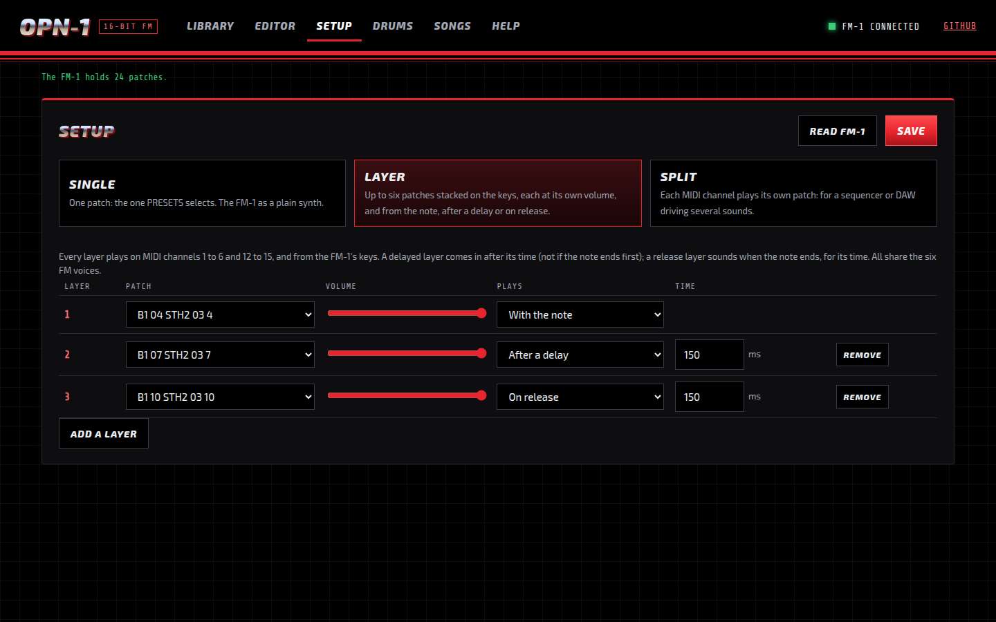 The Setup tab: three patches layered, one after a delay and one on release