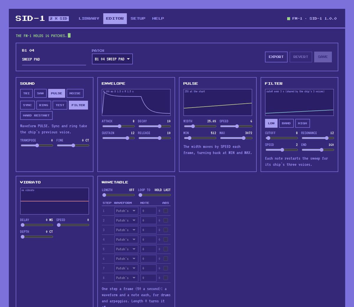 The Editor: a patch's sound, envelope, sweeps, vibrato and wavetable