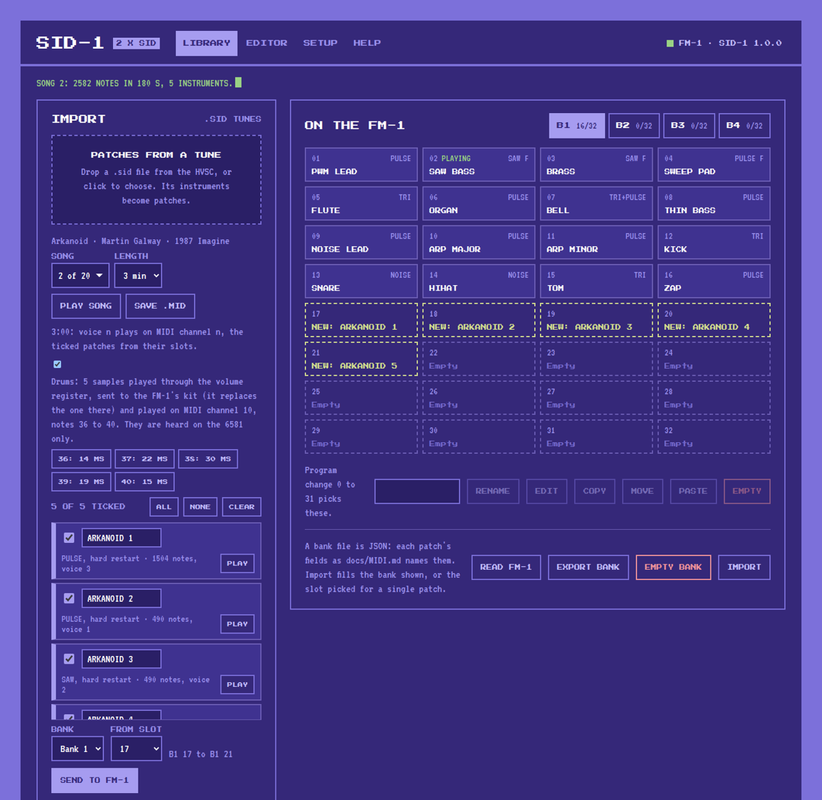 The Library: Arkanoid's instruments and drum samples in Import, bank 1 on the FM-1