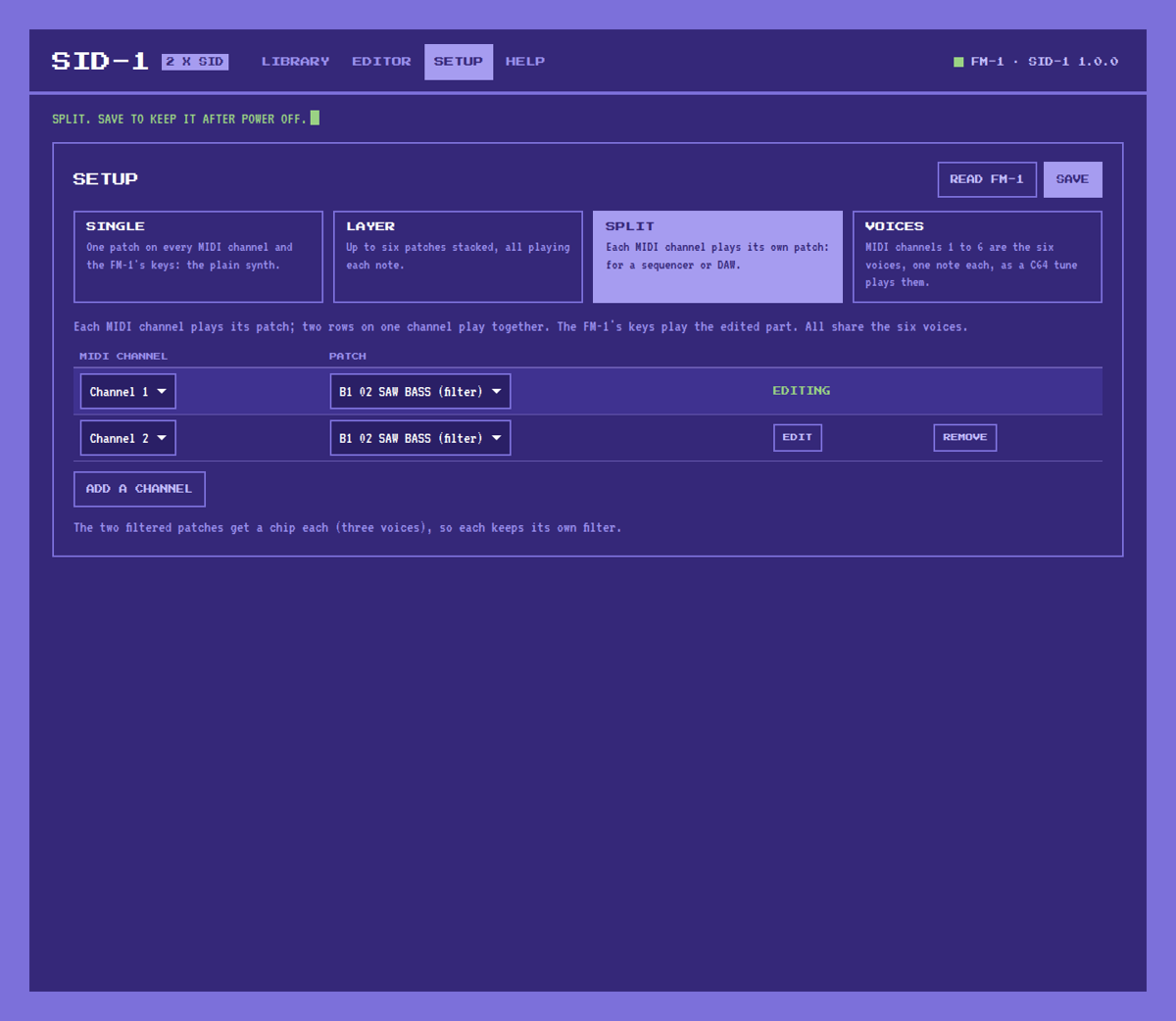 The Setup tab: two patches split across MIDI channels 1 and 2
