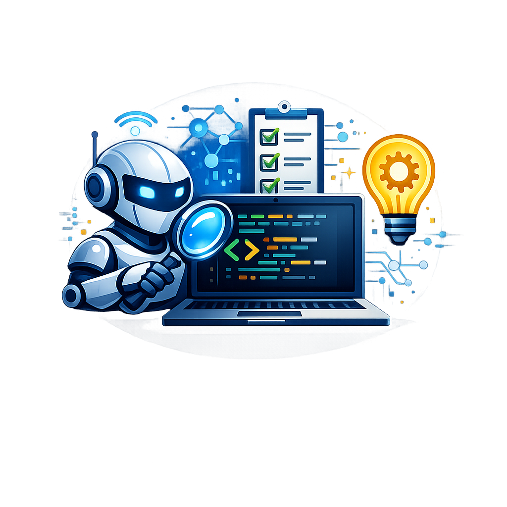 Agentic Code Reviewer brand image showing a robot inspecting code with a magnifying glass, a checklist, and an idea light bulb