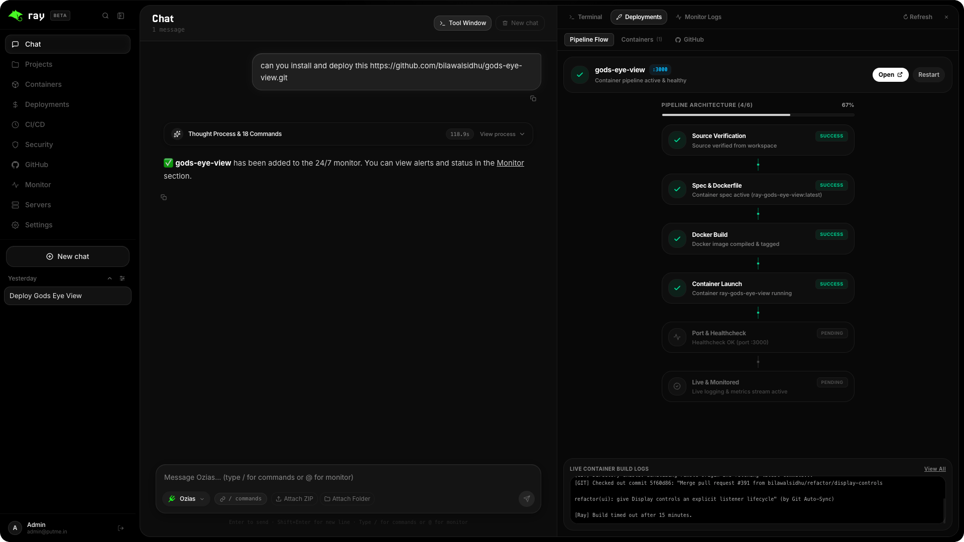 Putmein's Ray chat interface deploying God's Eye project in single message
