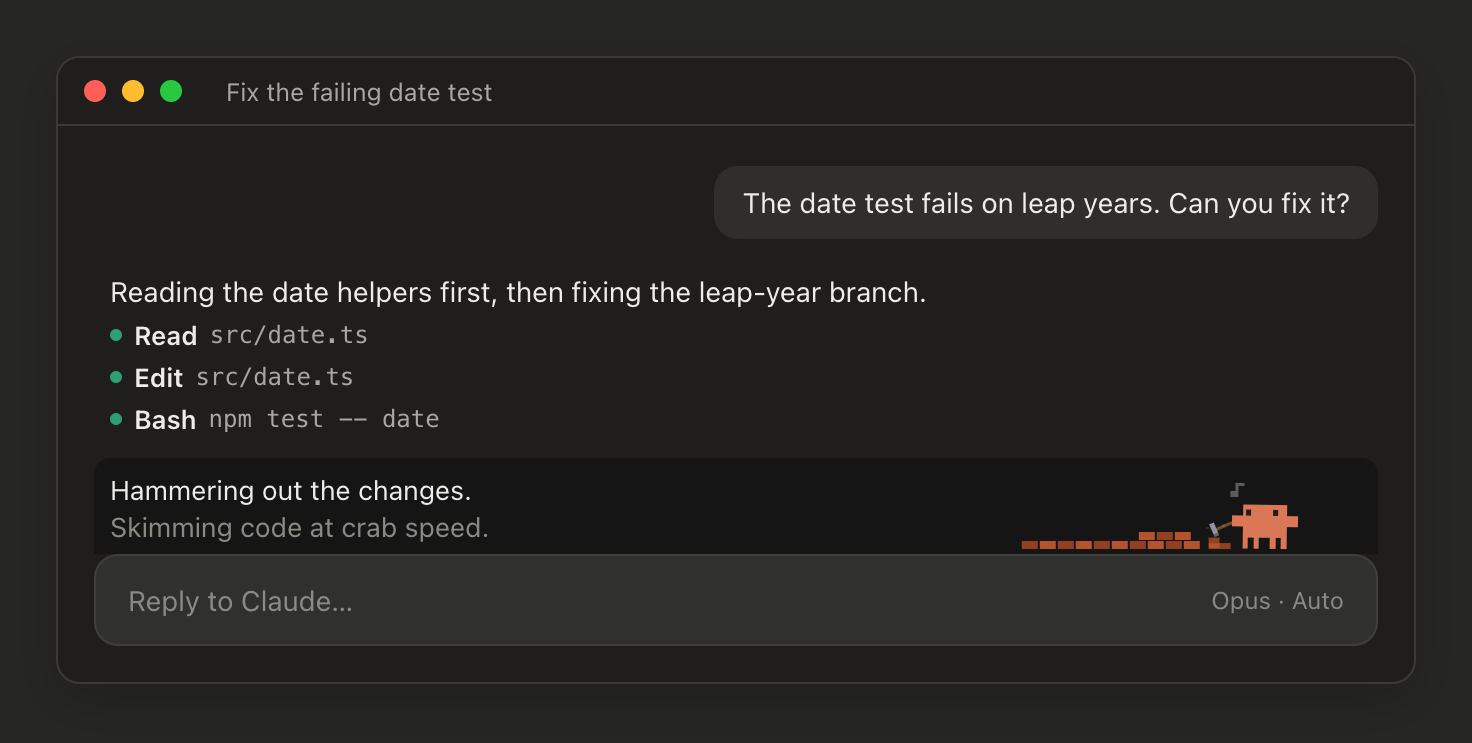 Claude Code desktop app, dark theme: the crab hammers on the right half of the band above the prompt box, laying a brick wall as it goes. The caption on the left shows 'Hammering out the changes.' in full colour and 'Skimming code at crab speed.' dimmer below it.