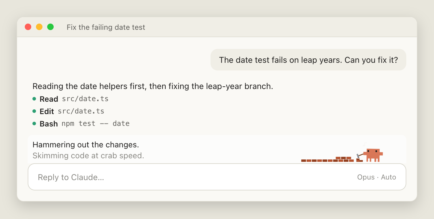 Claude Code desktop app, light theme: the same crab and caption on the app's light background.