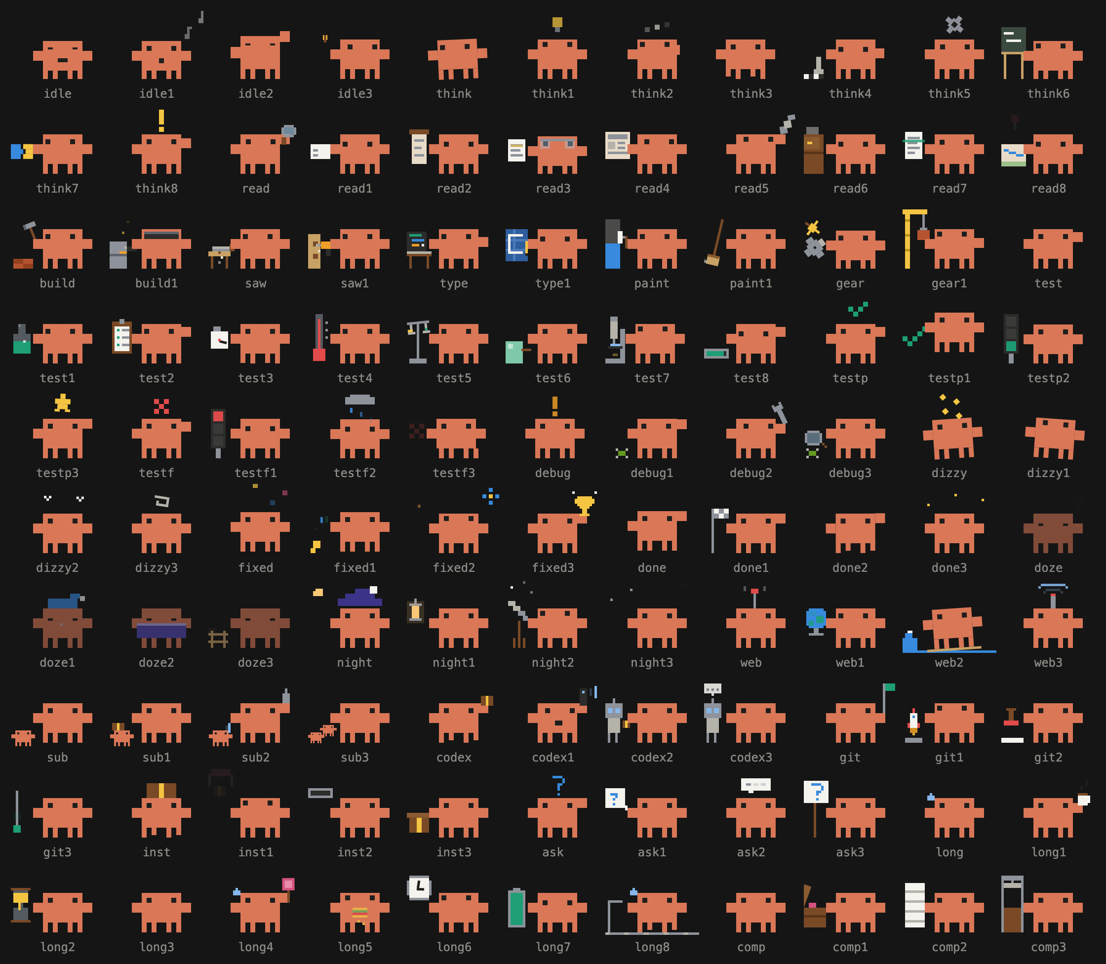 A grid of all 110 takes, each labelled: idle to idle3, think to think8 (a lightbulb, chess, gears, a chalkboard, a puzzle), read to read8 (magnifier, book, newspaper, telescope, file drawer, map), ten build scenes (hammer and wall, welding, saw, drill, laptop, blueprint, paint roller, broom, gears, crane), test to test8 (flask, checklist, stopwatch, thermometer, scales, microscope, progress bar), test results, debug, dizzy, fixed, done, doze, night owl, web, subagent, another model, git, install, ask, long turn and compacting.