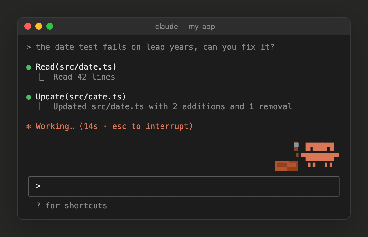 Claude Code in a dark terminal: the crab, drawn in block characters, builds a brick wall just above the prompt box while Claude edits a file.