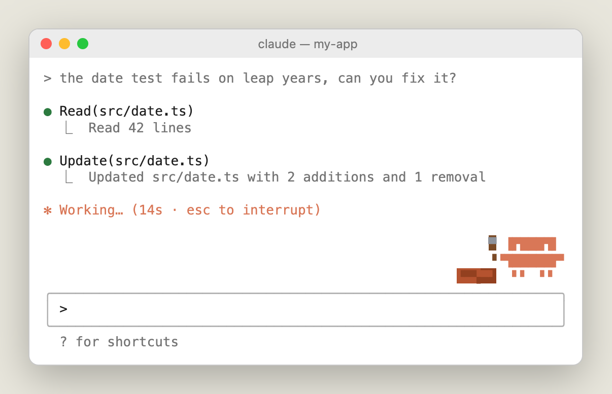 Claude Code in a light terminal: the same block-character crab above the prompt box.