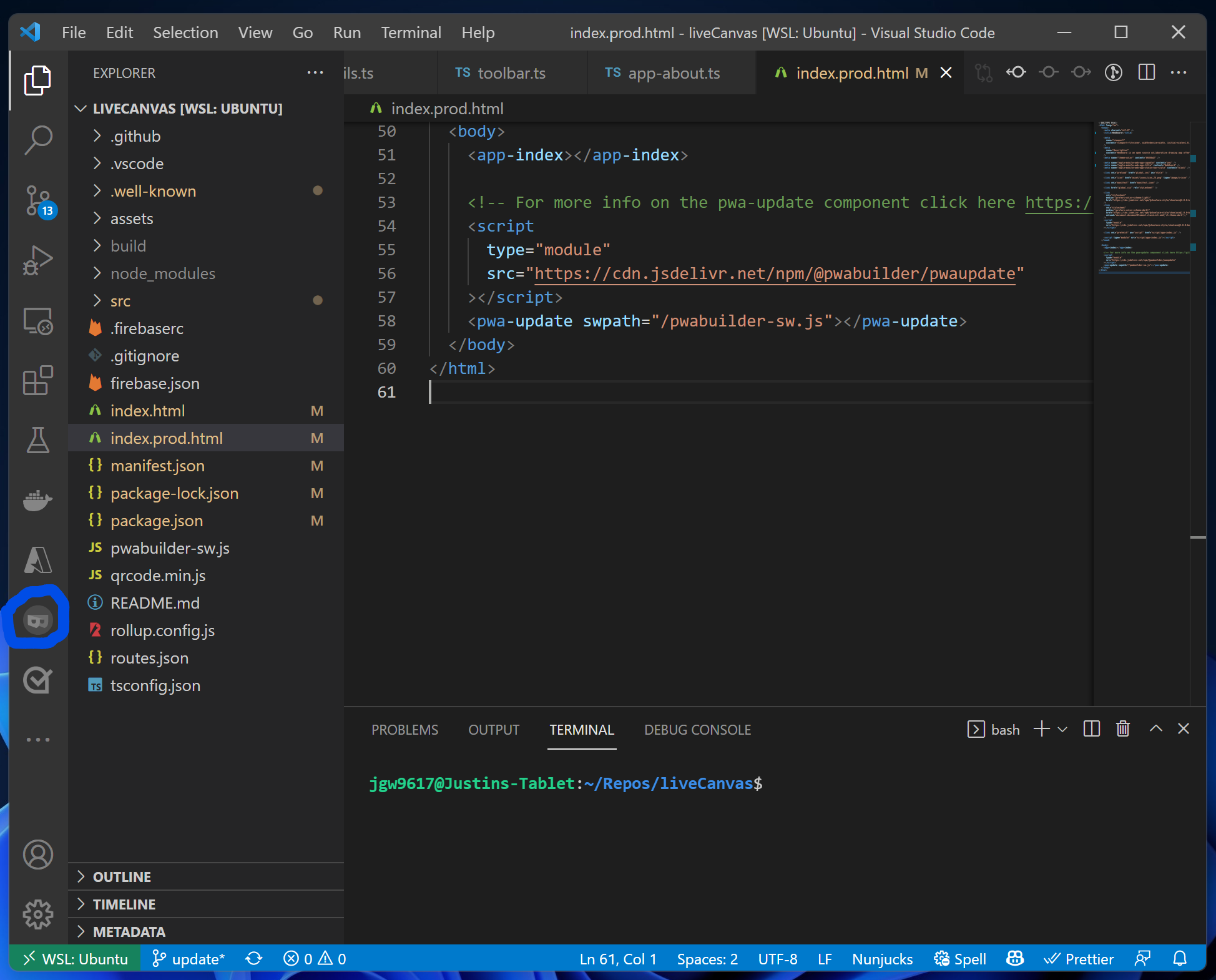 The PWABuilder icon on the left side of the VSCode Window