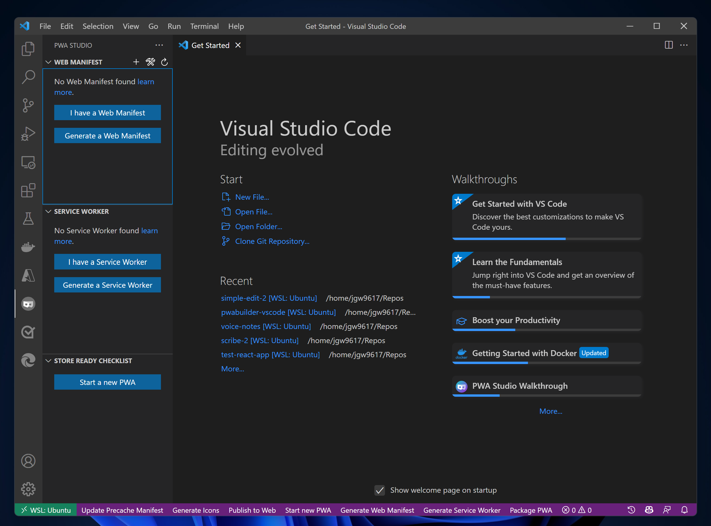 The Start a new PWA button on the left side of the VSCode Window
