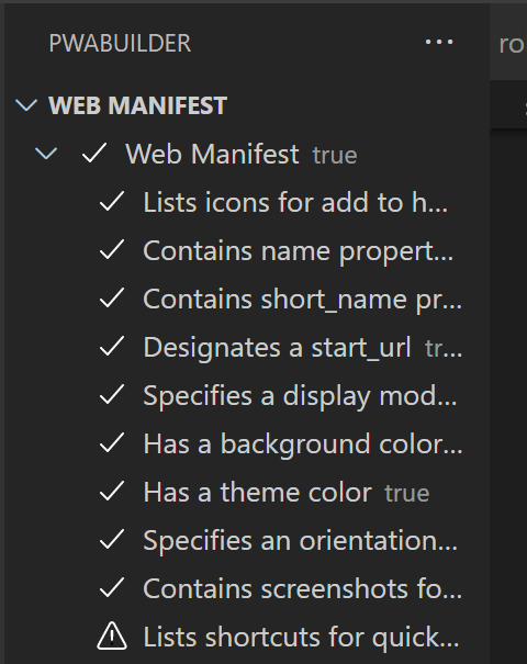 The Web Manifest tree view in VSCode