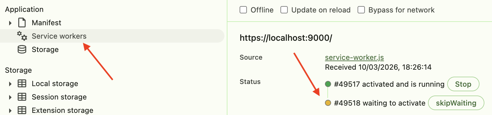 Service Worker status in devtools