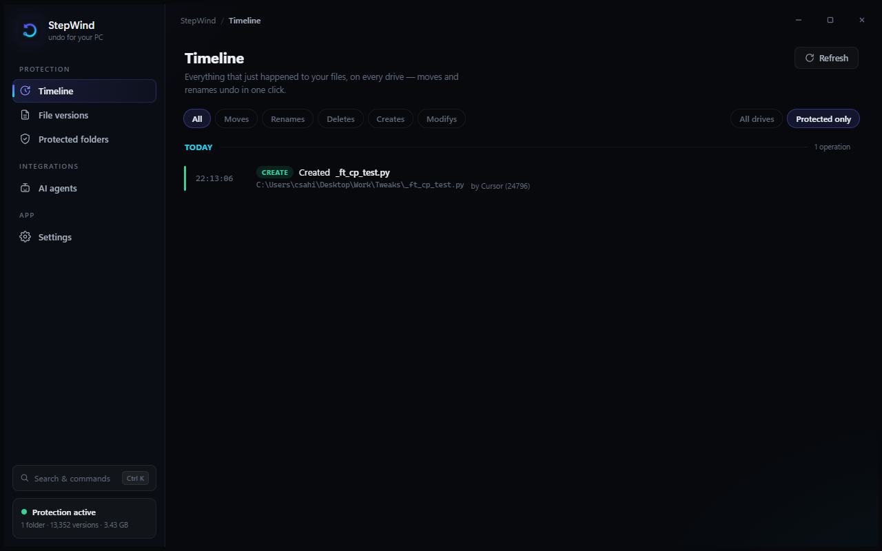 StepWind timeline — a live, day-grouped feed of file operations with one-click undo