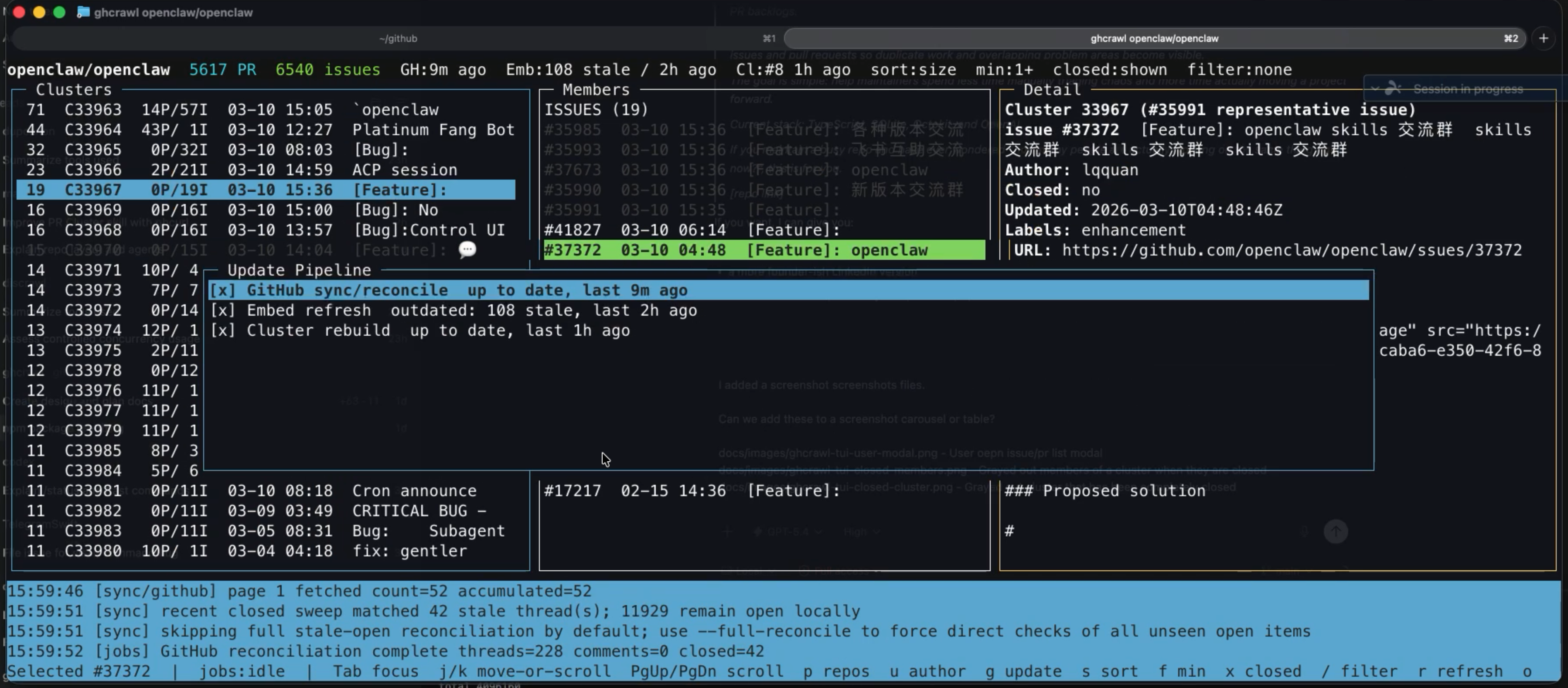 GitHub, embed, and cluster refresh modal