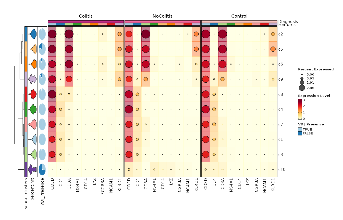 Feature Expression in Clusters by Diagnosis (Heatmap with annotations)