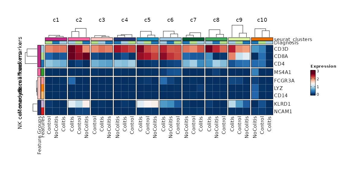 Feature Expression in Clusters by Diagnosis (Heatmap)