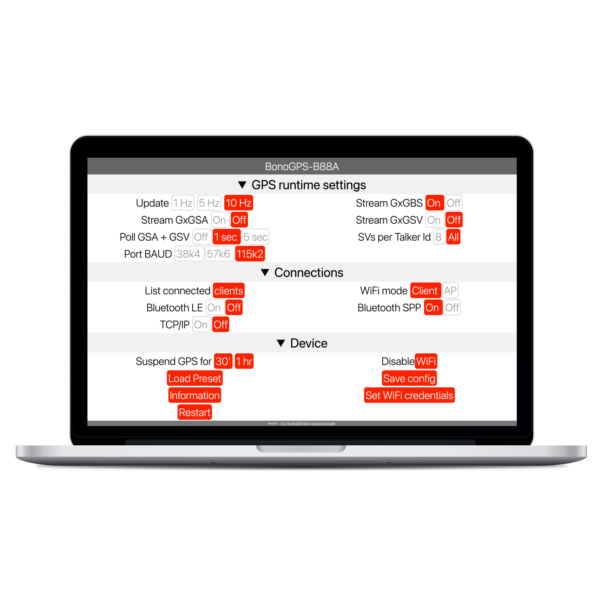 Main page of web configuration panel from laptop