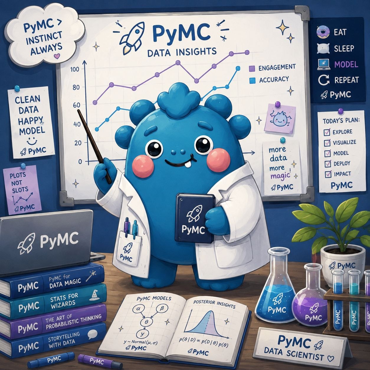 daimon, a small blue clay creature in a lab coat, presenting charts at a whiteboard