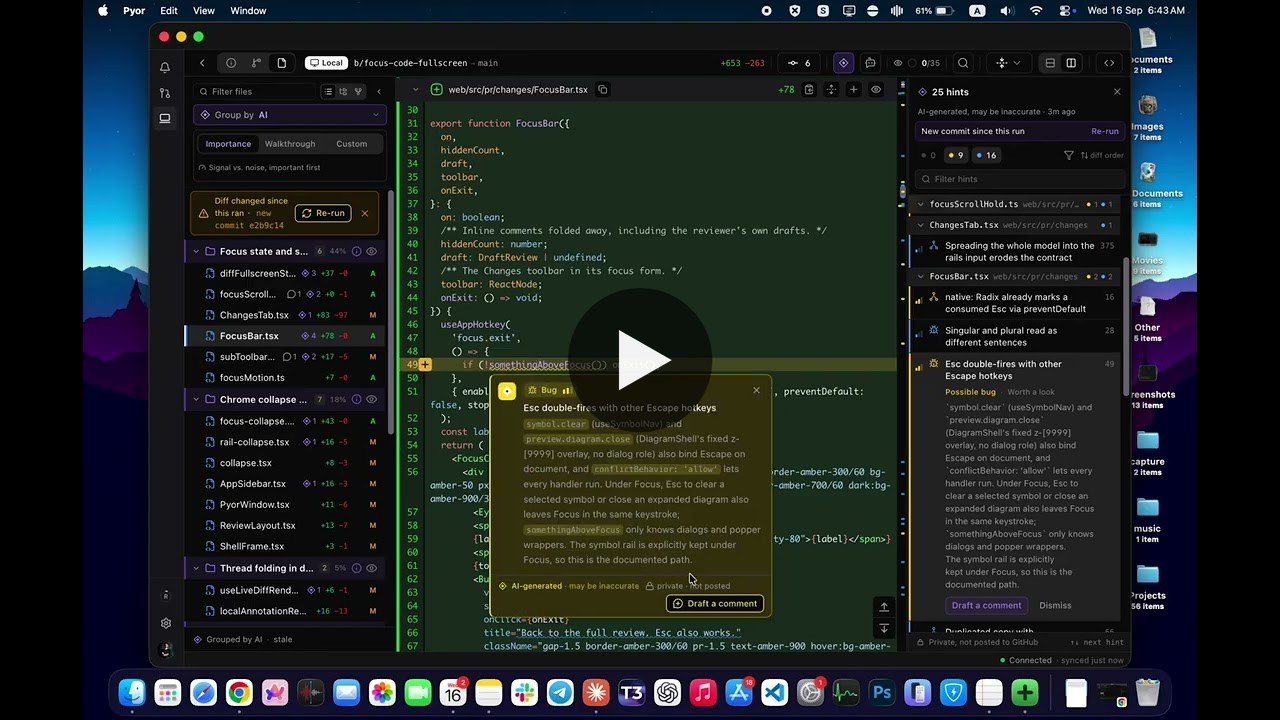 Demo video: a Pyor local pre-PR review with AI-grouped files and an inline hint on the diff. Click to watch on YouTube.
