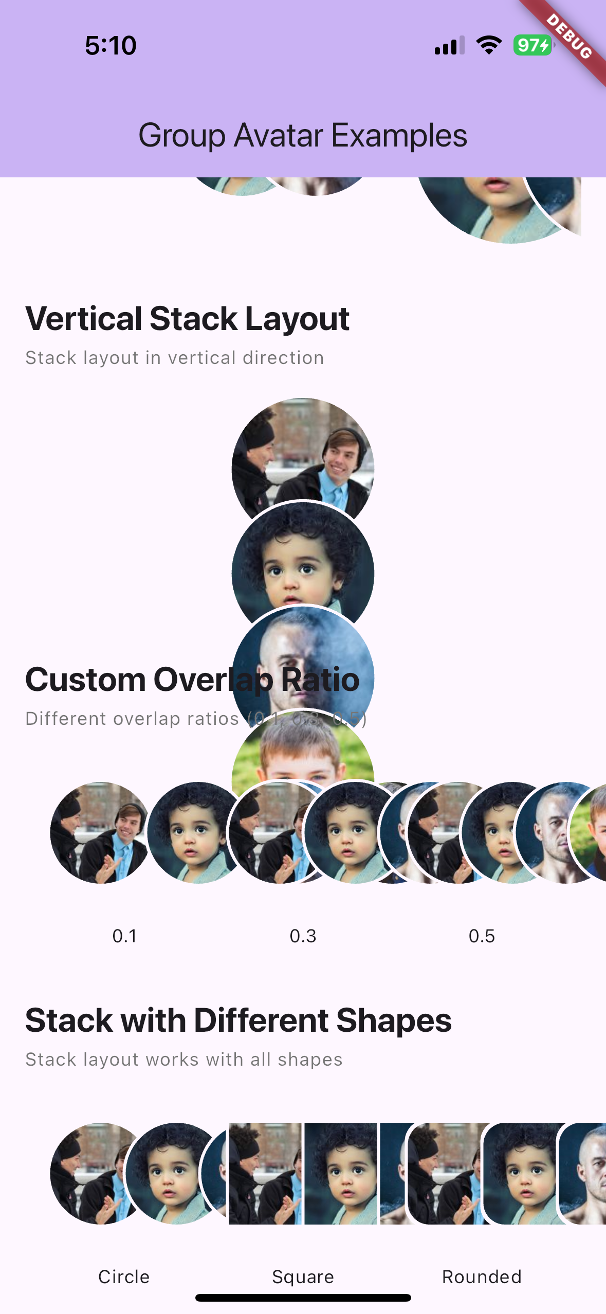 Vertical Stack Layout, Custom Overlap Ratios, and Stack with Different Shapes