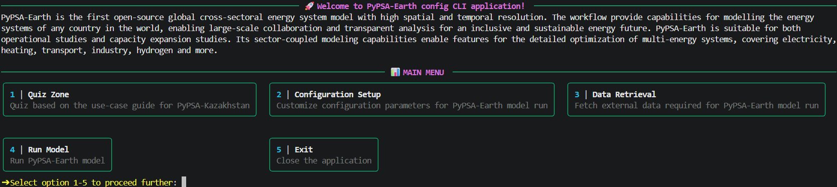PyPSA-Earth CLI main menu